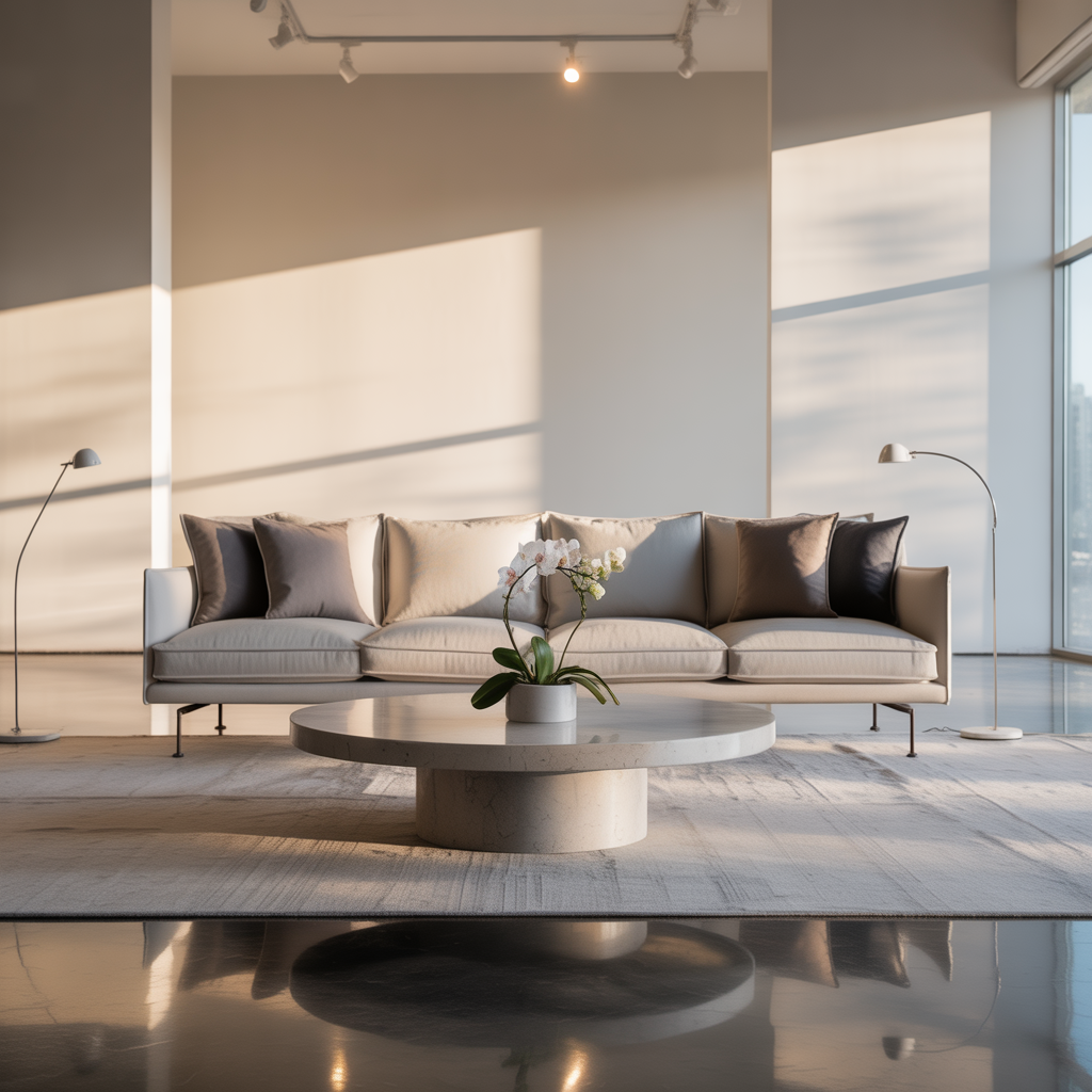 Moderný showroom nábytku s rôznymi expozíciami
